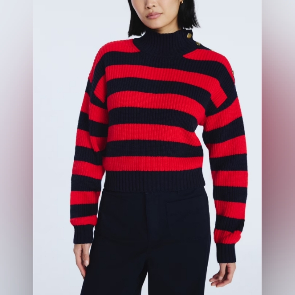 Free Assemvly Striped Red & Black Ribbed Turtleneck Sweater Button Detail Size S